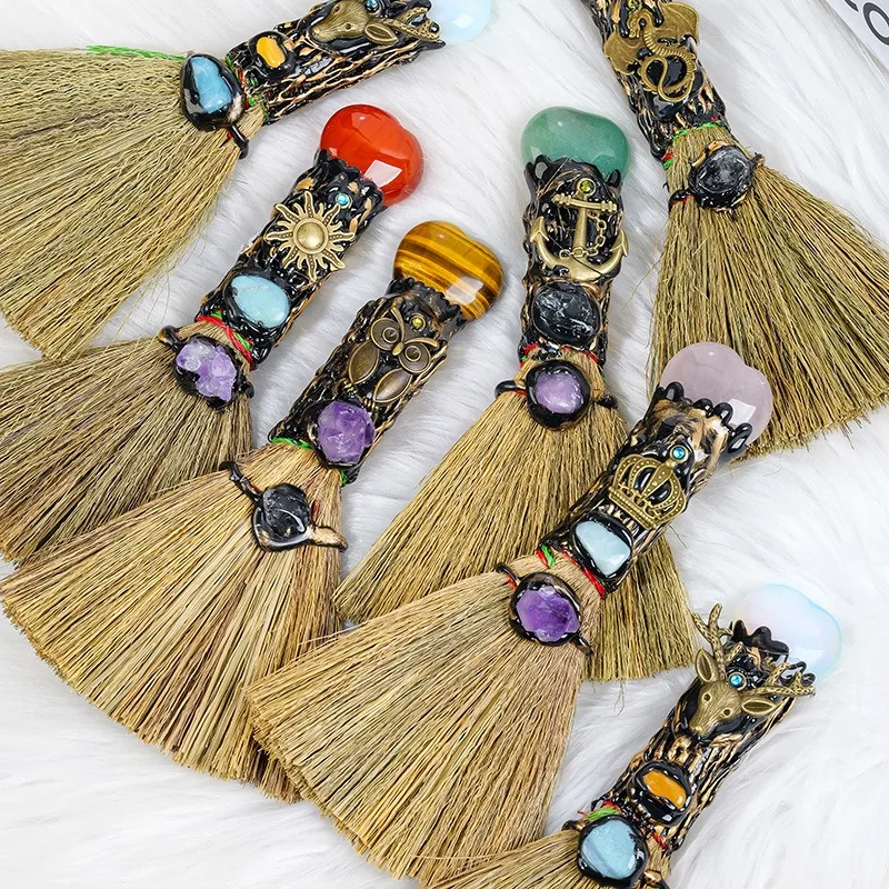​​​​​​​Handmade Mini Witch Broom Natural Amethyst Crystal Heart Halloween Magic Broomstick Decor Room Ornament Spiritual Gift