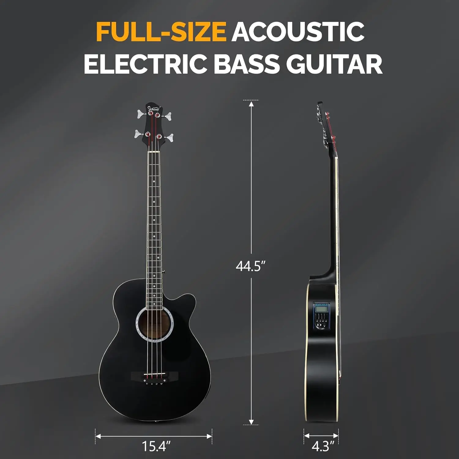 Acoustic Electric Bass Guitar Beginner Kit Full Size with 15W Amp, Cutaway 4-String Bass w/ Built-in Tuner, Includes Gig Bag, Strap, Picks, Extra Strings, Matte Black Finish view 6