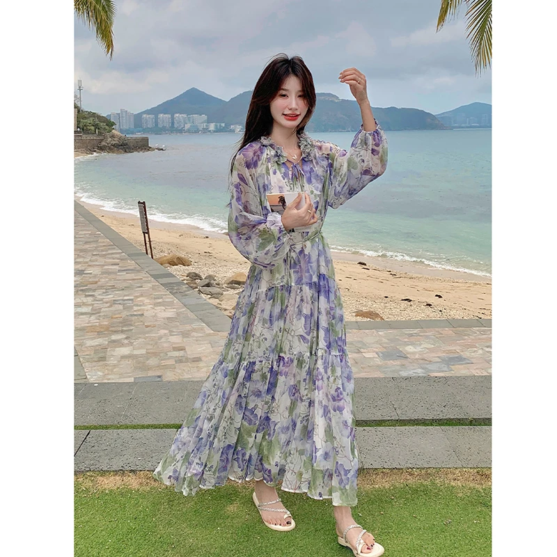 2025 nova chegada verão feminino estilo praia a linha impressão saia tornozelo comprimento all-match com decote em v em camadas retalhos design saias t144