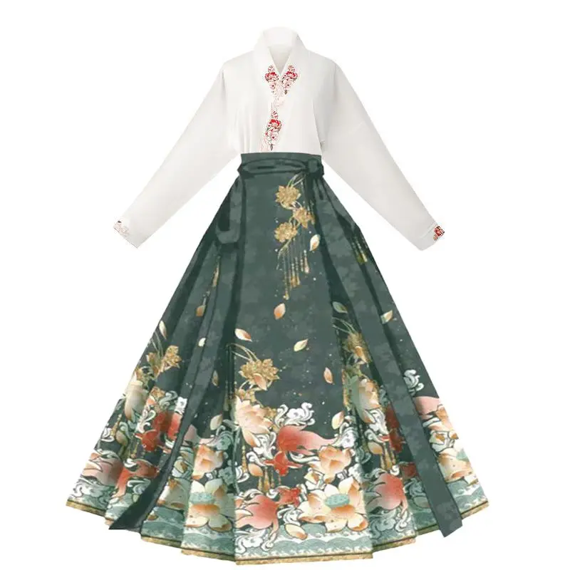 

New Chinese Style National Fashion Set Women's Hanfu Top Slimming Tail Skirt Two Piece Set V Neck Long Sleeve Polyester...