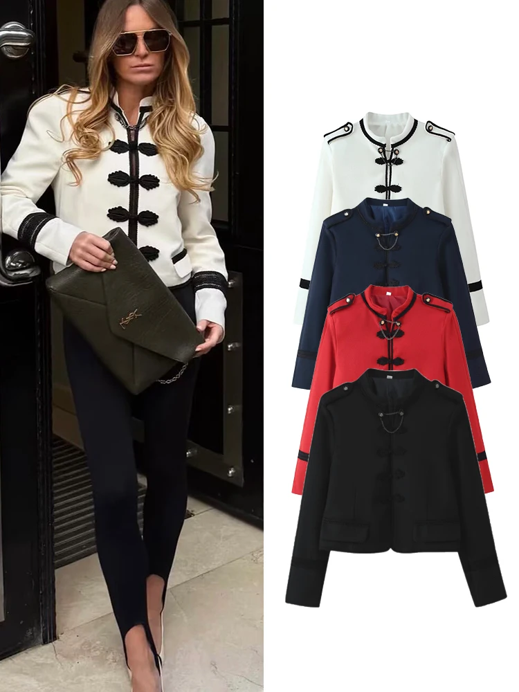 TFMLN Vintage Contrast Coat For Women Fashion Long Sleeve Stand Collar Single Breasted Short Coats Female 2026 Spring Outerwear