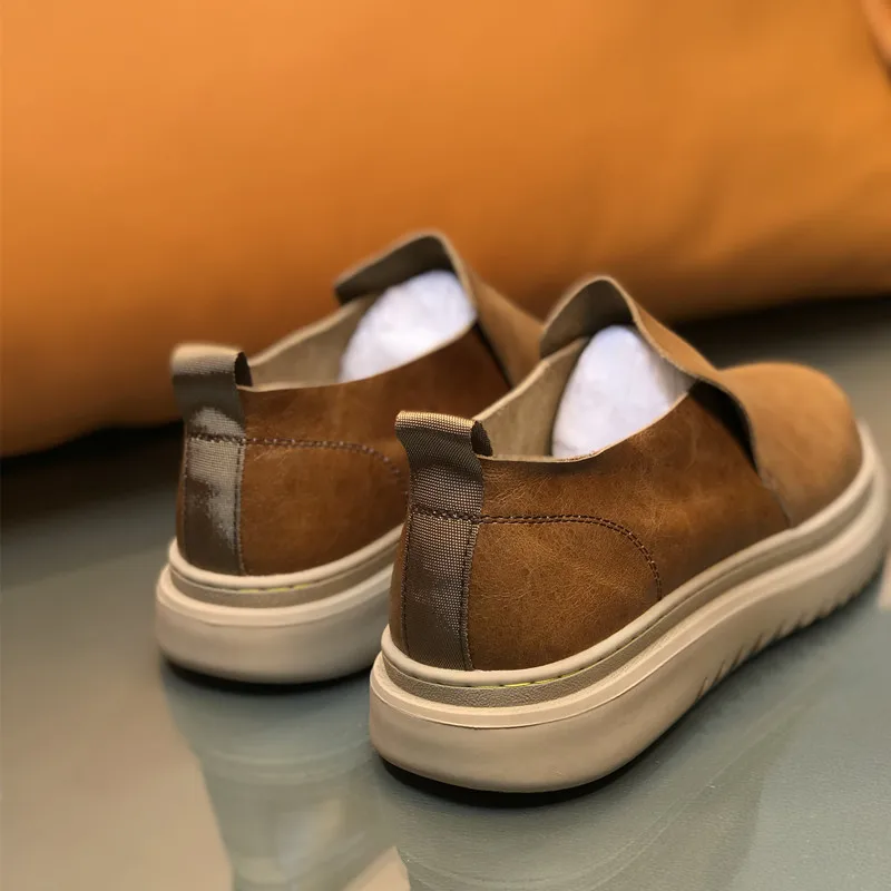 Retro Polished Thick-Soled Loafers Round-Toe Genuine Leather Light Brown Slip-On Casual Sneakers Comfortable Men's Shoes