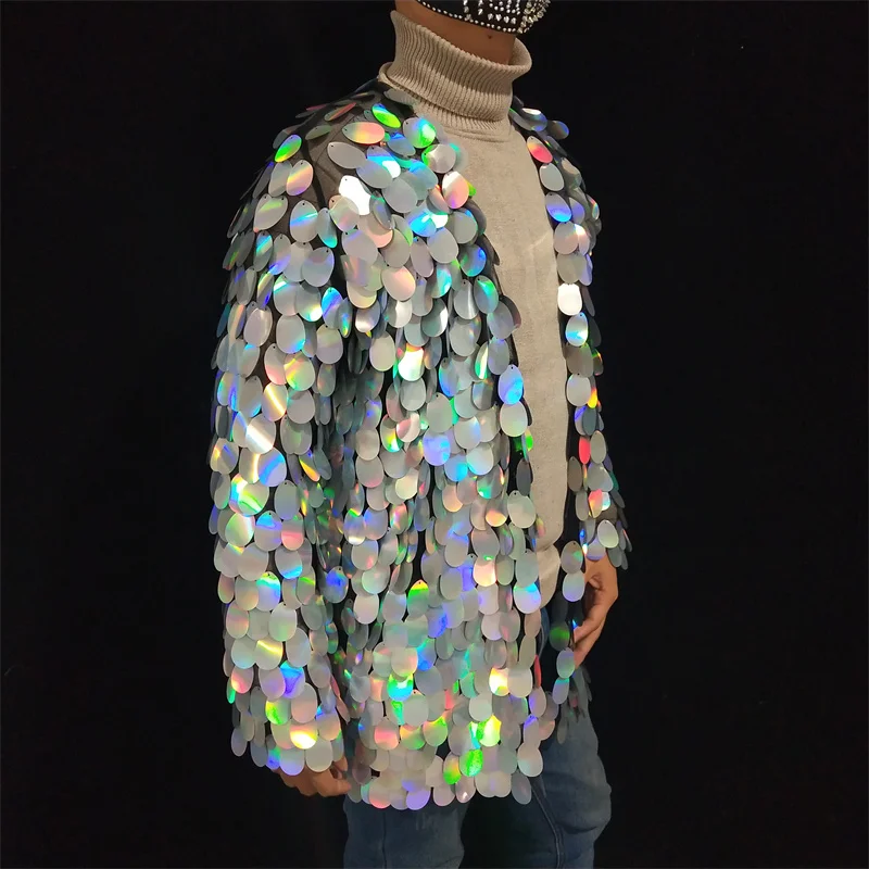 Men's Stage Shiny Coat Performance Costume Carnival Party Club Nightclub Show Male Silver Gold Mesh Sequined Jacket Rave Outfit