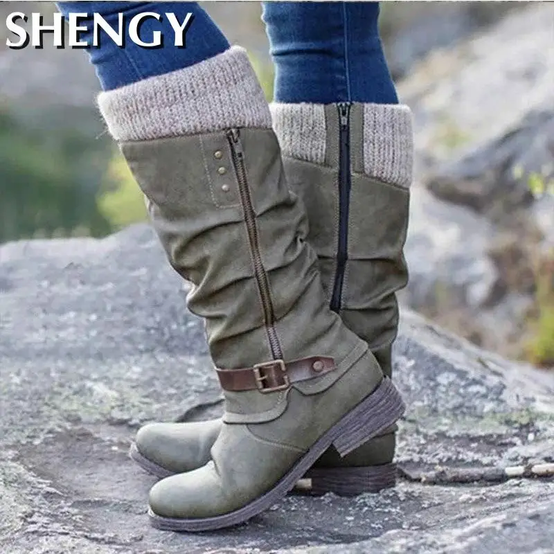 Winter Women Long Boots Round Toe Low Heel Mid-Calf Boots Knitted Patchwork Side Zipper Lace-Up Female Motorcycle Boots Botas