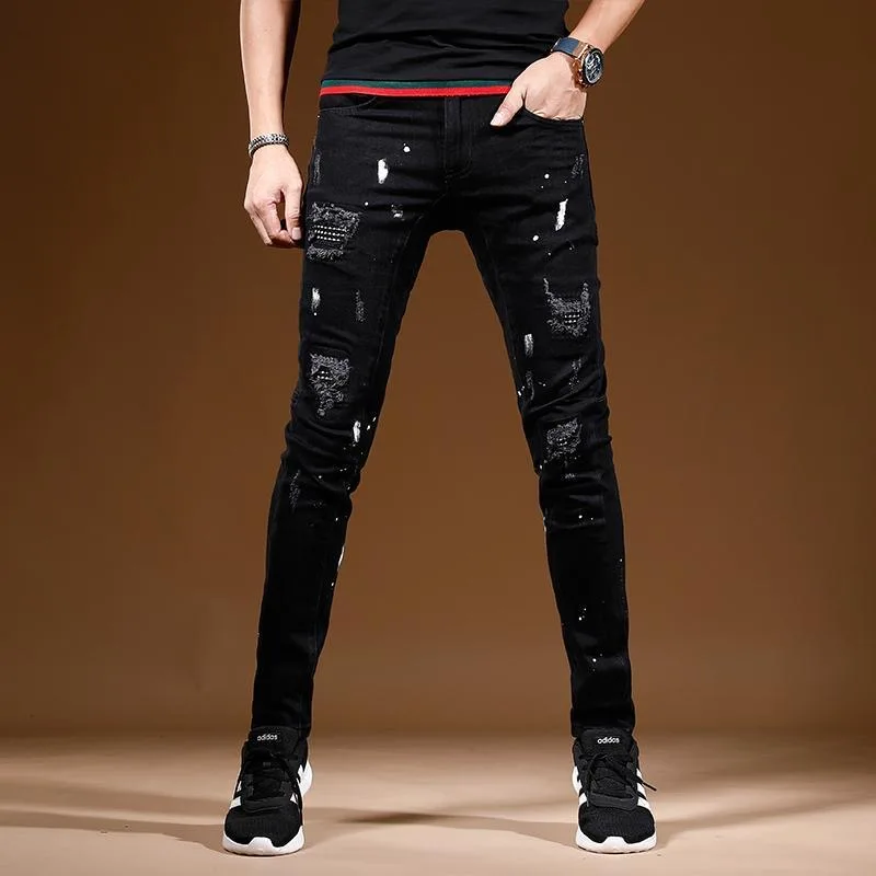 

Весенне-осенние модные прямые черные джинсы с перфорацией для мужчин, повседневные спортивные удобные эластичные джинсы высокого качества