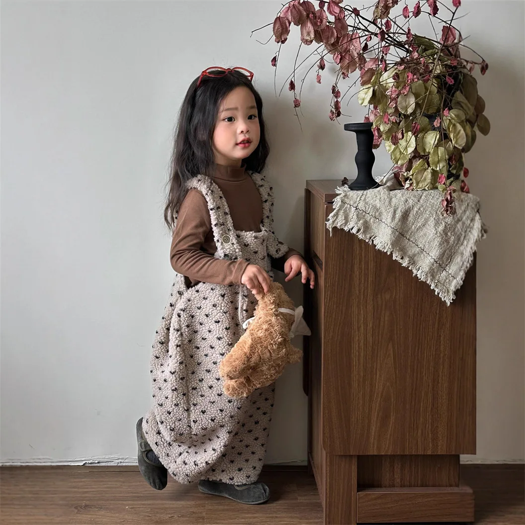 Girls Set 2025 Autumn Winter New Collection with Fleece Love Lamb Wool Loose Strap Jumpsuit Half High Collar Bottom Shirt