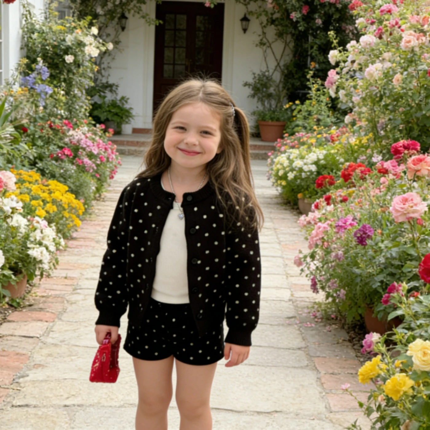 Girls Suit 2026 Spring and Summer New Childrens Clothes Korean Girl Baby Knitted Polka Dot Sweater Cardigan Shorts Two Sets 2