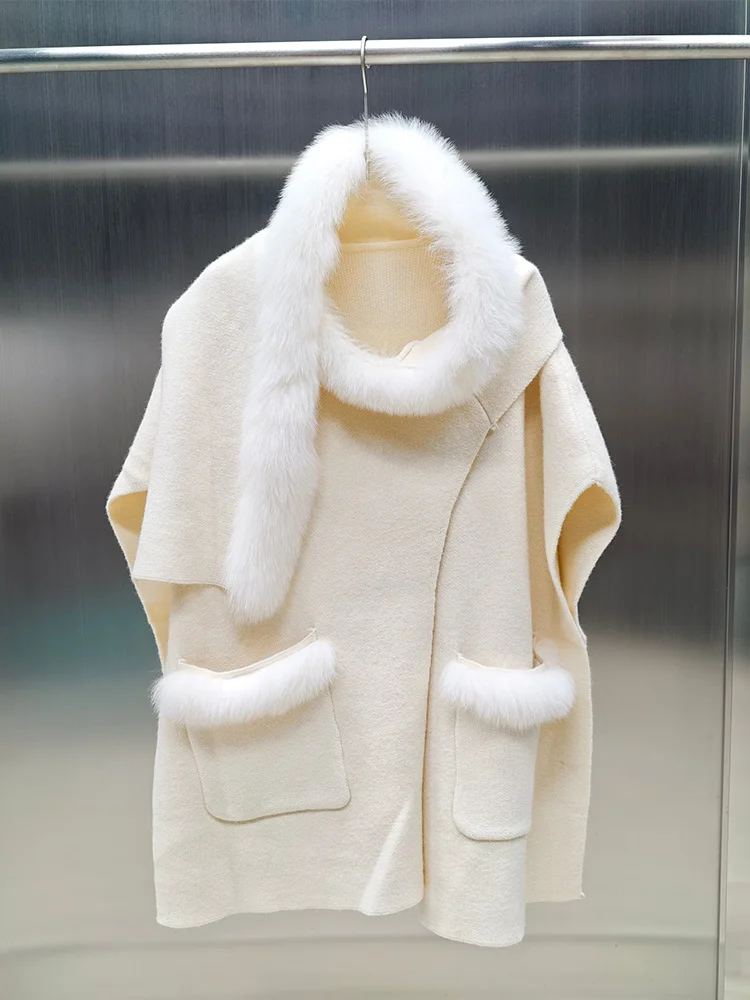 Fashion Women Cardigan Cloak Real Fox Fur Collar Loose Wool Jacket Poncho Coat Winter Thick Horn Buckle Capes Cloak