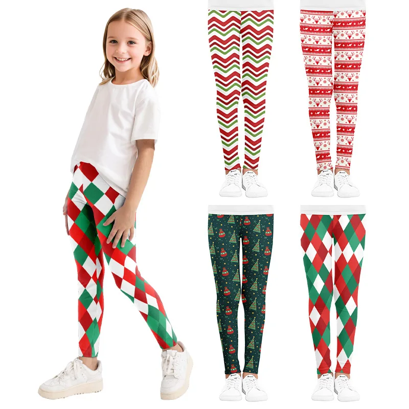 Autumn and Winter Girls Wear Leggings on the Outside with High Elastic Tight Festive Christmas Print Sports Trousers