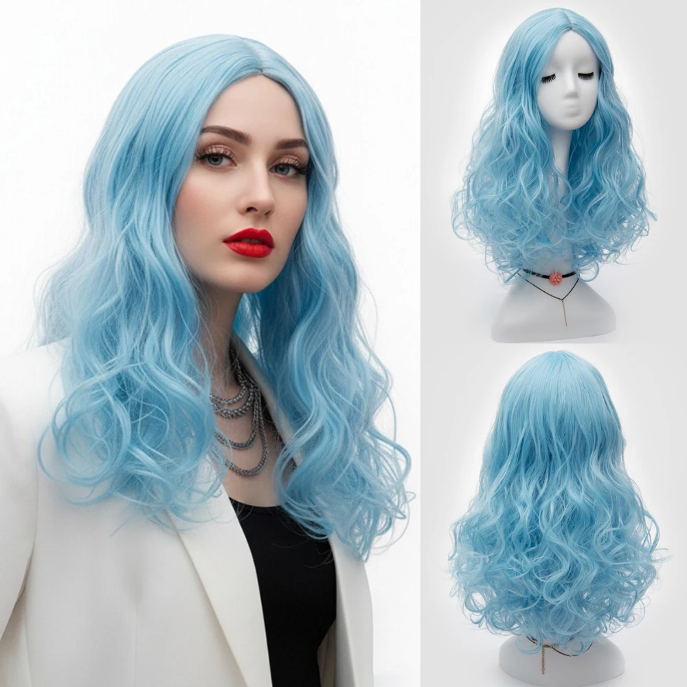 

Короткий волнистый термостойкий синтетический парик, синий женский средняя часть для Хэллоуина, Рождества, косплея, повседневного использования