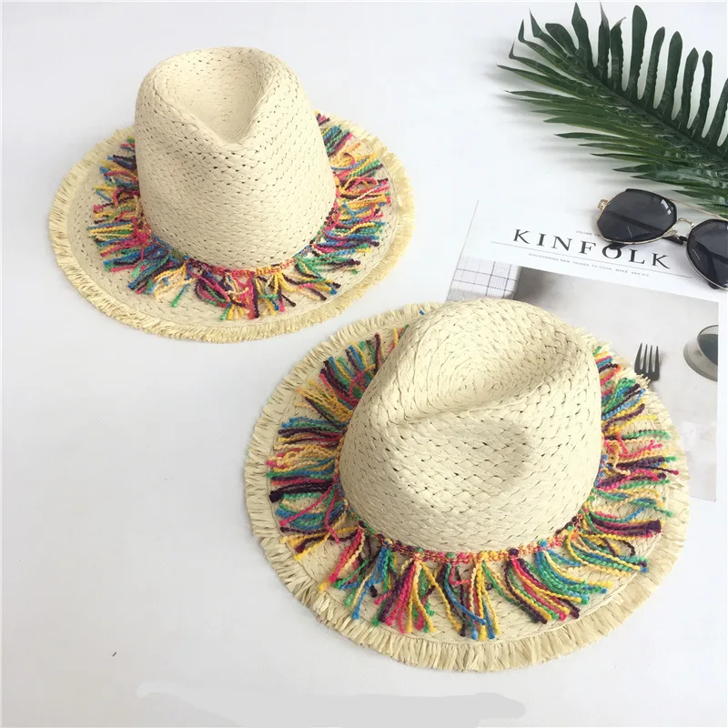 2024 Fashion Coloerfull Tassel Ribbon Decorate Straw Hat Shading Sun Hat Lady Fashion Beach Hat Jazz Summer Cap for Woman