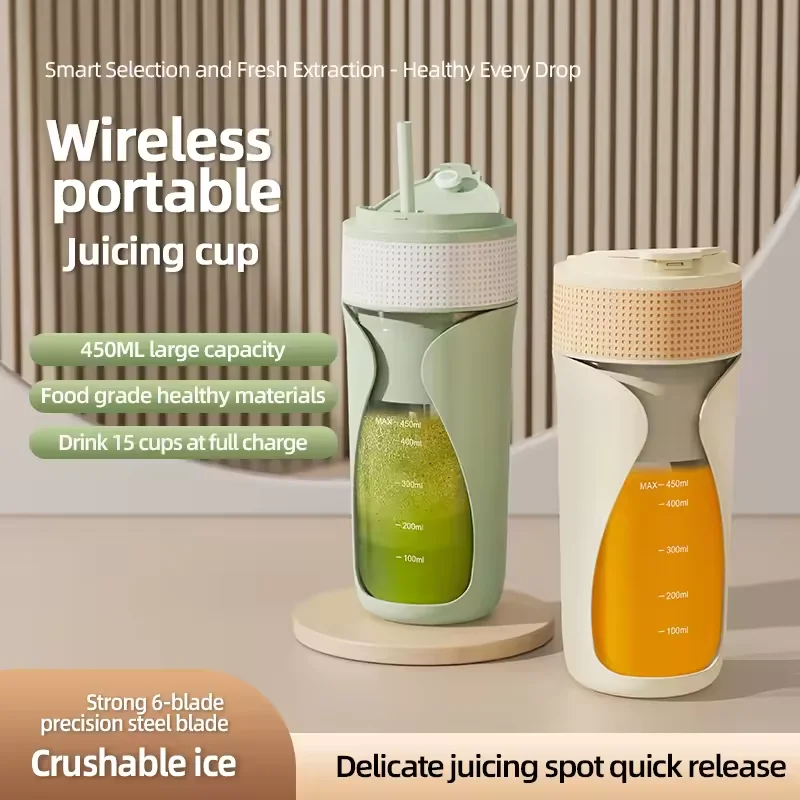 

450ml Portable Electric Fruit Juicer USB Rechargeable Mini Juice Mixer with 6-Blade Dual Cup for Smoothies Vegetables and Fruits