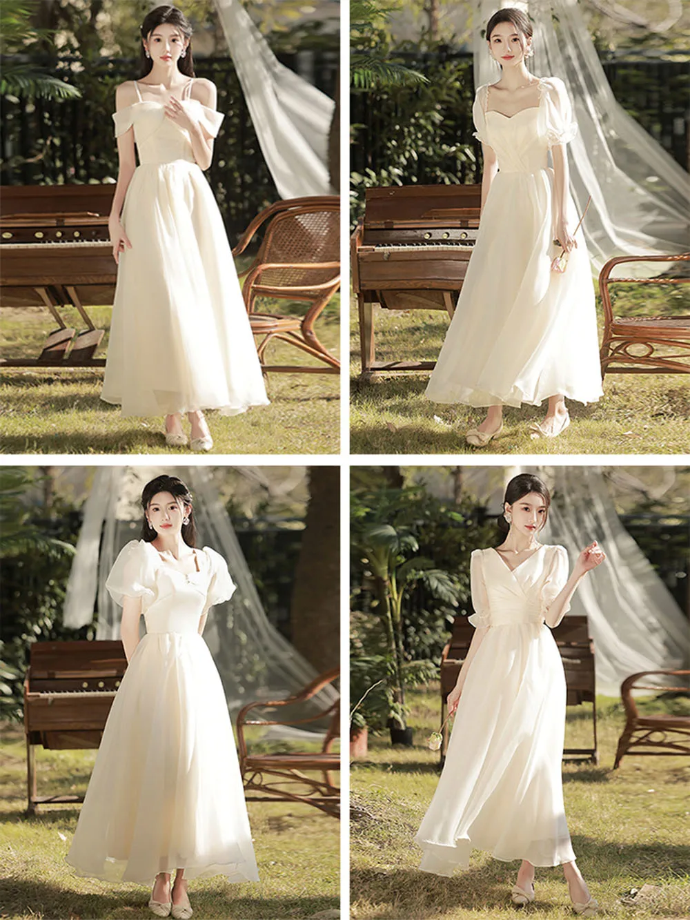 4 Styles Champagne Bridesmaid Dress 2024 New Women's Simple Pleated Short Puff Sleeves Slim Fit A-Line Classical Tulle Vestido