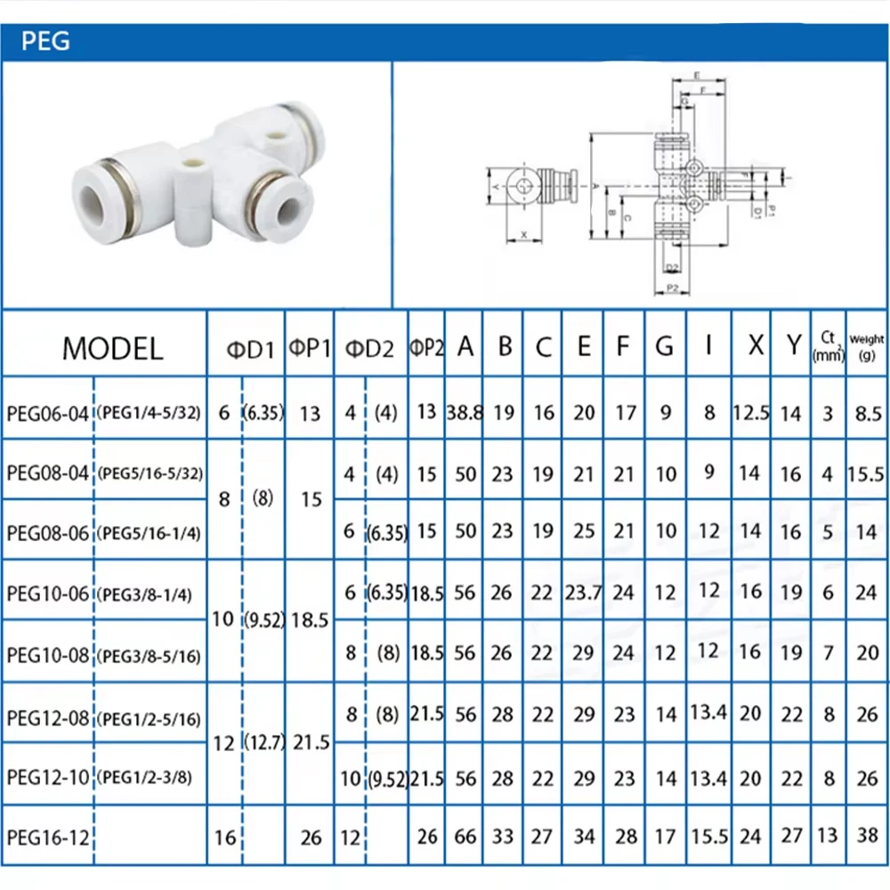 1-50pcs/lot PEG Pneumatic Quick Connector T Tee Reducer PU Pipe Air Hose 4mm 6mm 8mm 12mm 14mm 16mm White Plastic Connector