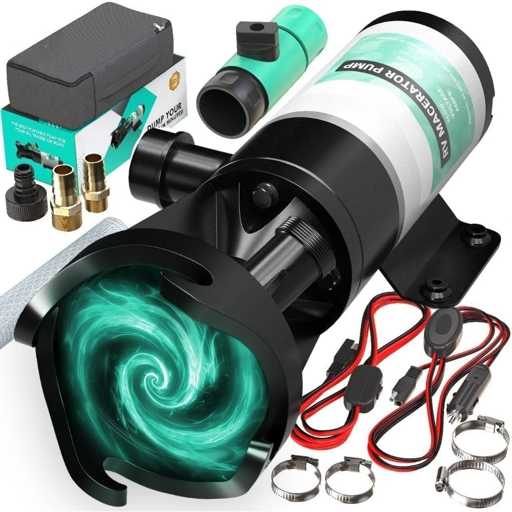 RV Macerator Pump 12V,12GPM Macerator Pump for RV V2.0 | RV Waste Pump Macerator w/Quick-Release Fittings,Hoses & Clamps, - NEW