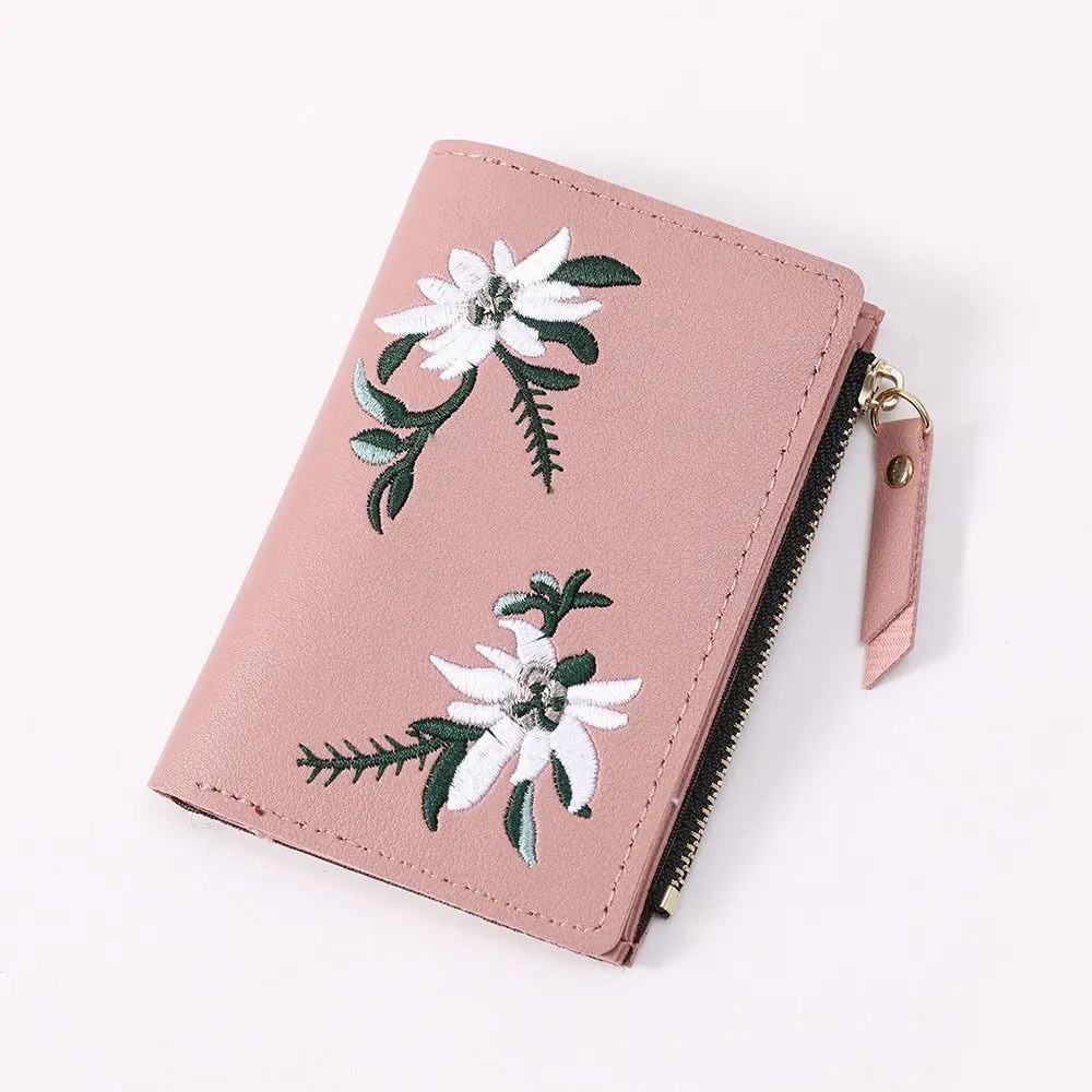 Compact PU Embroidered Wallet Coin Pocket Ample Cash Storage Small Purse Fashion Korean Coin Purse Young Adults