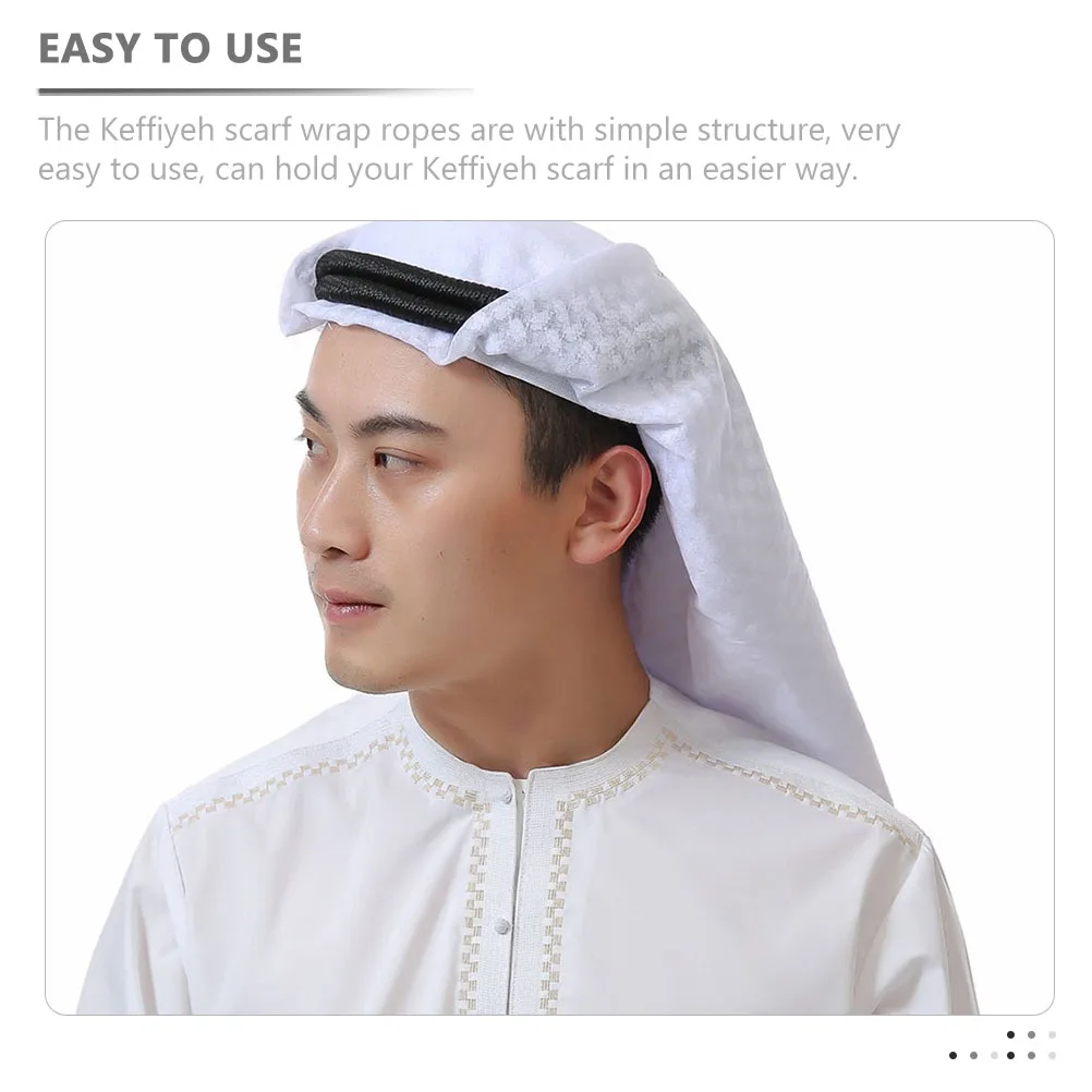 

2Pcs Men Arab Turban Headband Dubai Kerchief Hairband Shemagh Mens Headwear PU Middle Eastern Scarf Wrap Ropes Fix Wind Blow Off