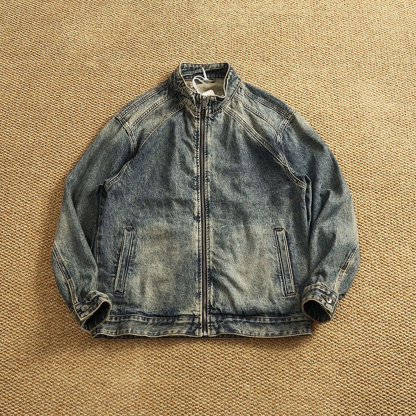 

Stand collar motorcycle denim jacket men's American casual sand washed distressed stiff top