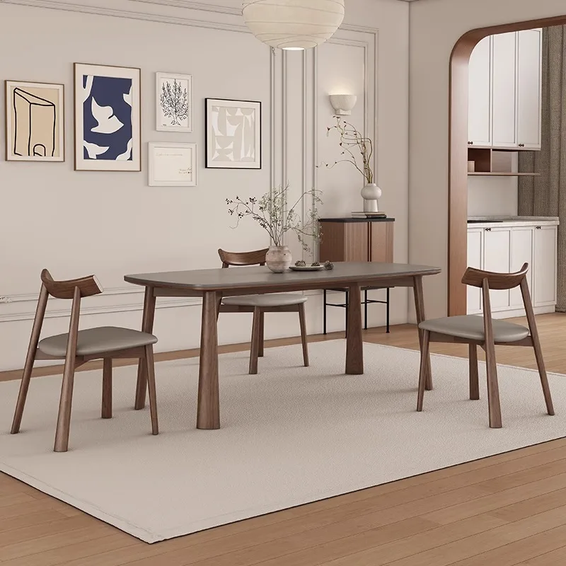 Solid wood rock slab dining table Modern simple household small apartment Matte gray medieval Deli Feng rock slabdiningtable