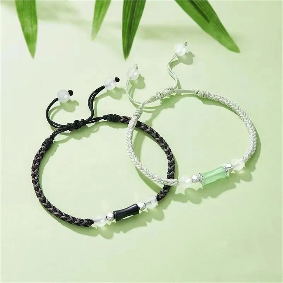 Pulseras de pareja de juntas de bambú verde y negro de estilo chino para mujeres y hombres, brazaletes de resina trenzada hecha a mano con flor de loto y gato, joyería