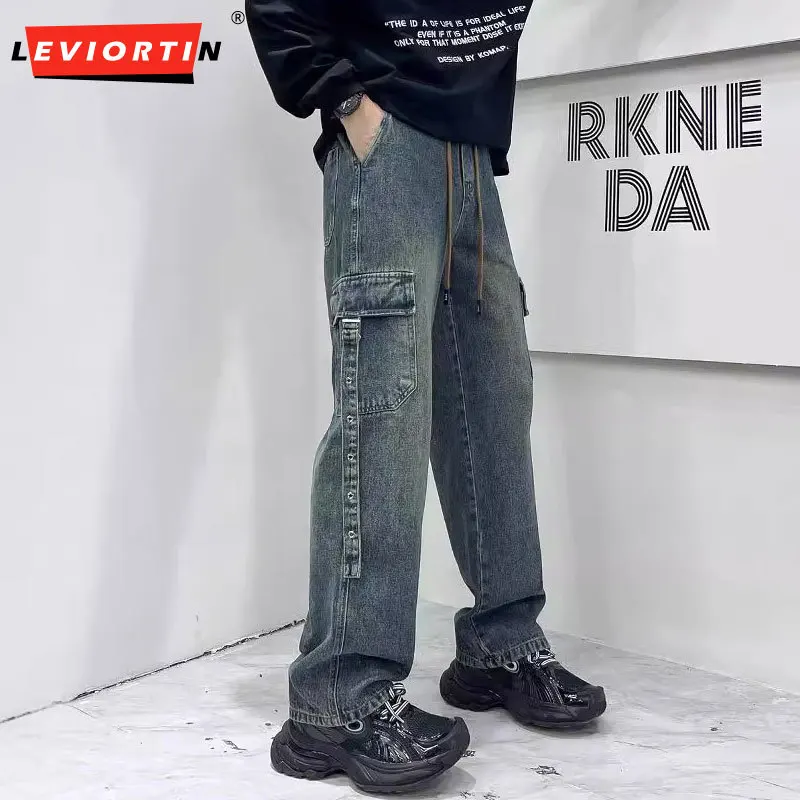 

Men's Distressed Washed Drawstring Jeans Vibe Style Hip Hop Wide Leg Pants Loose Straight Tube Denim Trousers Y2K Streetwear