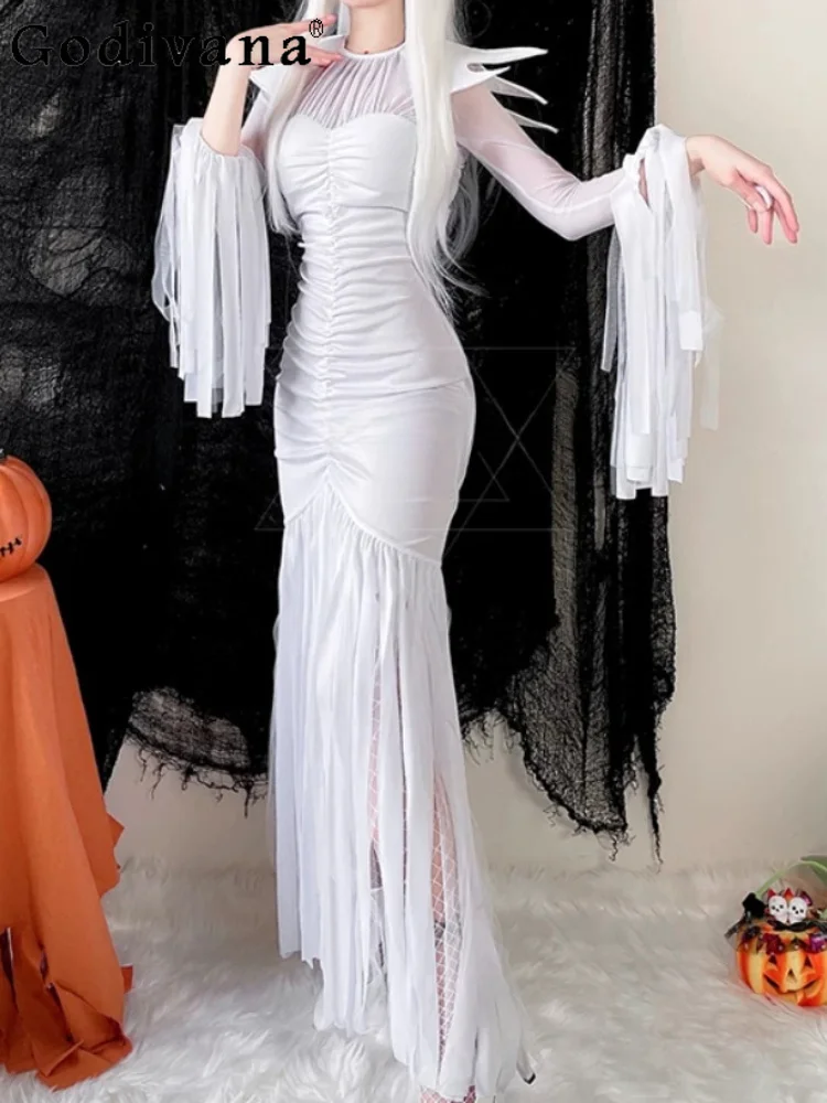 

Halloween Cos Slim Fit Sexy Women Long Sleeve Crew Neck Witch Dress Fashio High Waist A-line Personalized Fishtail Dresses