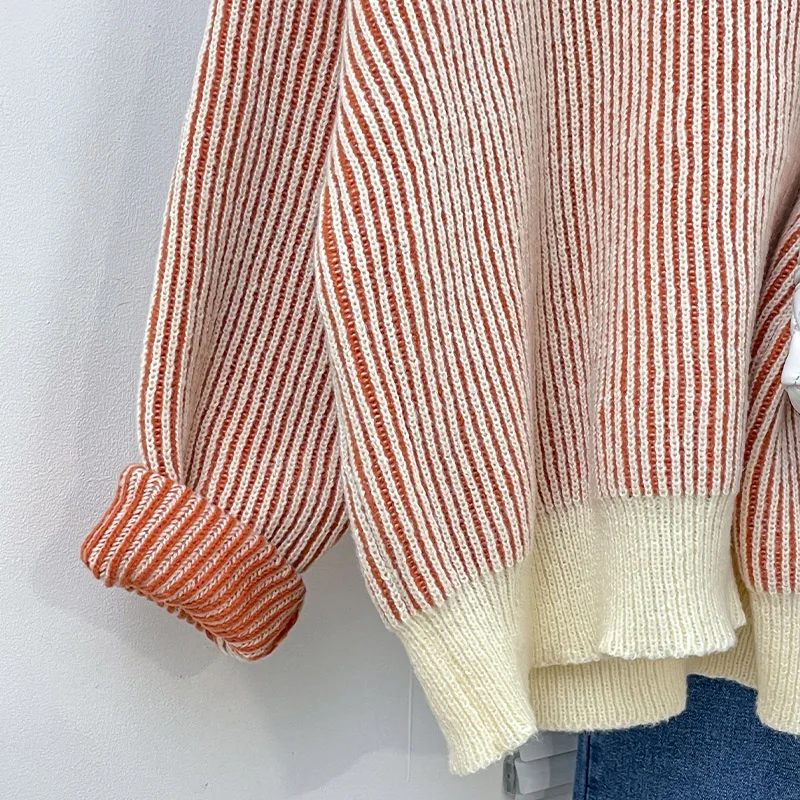 Autumn Winter Vintage Stripes Thick Knitted Sweater Women Clothing Comfortable Warm Commute Loose Pullovers