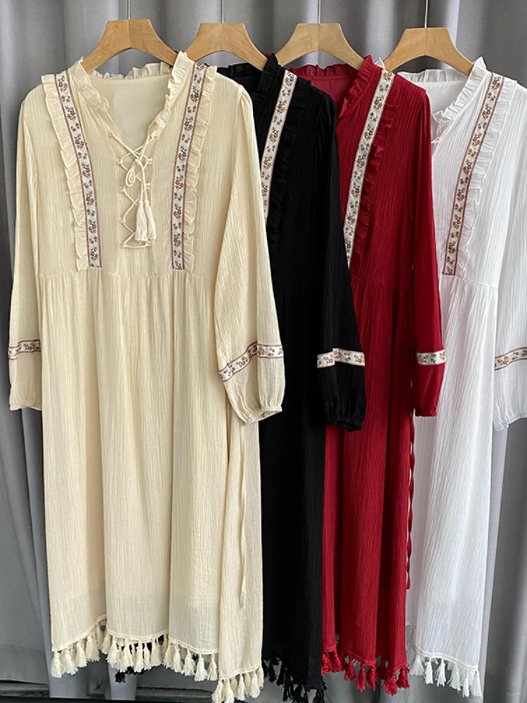 فستان بشراشيب مطرز للنساء ، فستان بوهو ، رداء بأكمام طويلة ، فستان نسائي بربطة عنق أمامية ، ملابس عتيقة