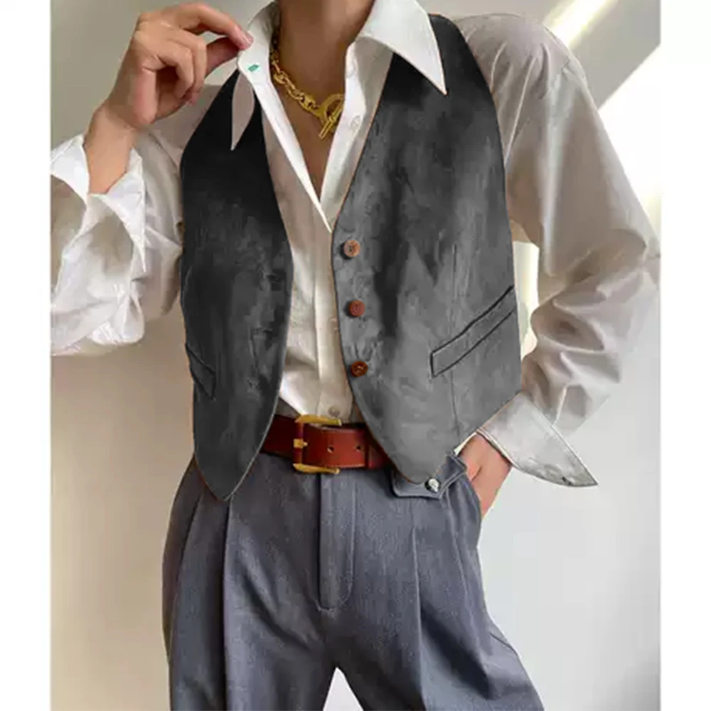 Suede Clothes for Lady Casual Sleeveless Vests for Women Jackets Single Breasted Waistcoat Suit Female Vintage Boho Clothing