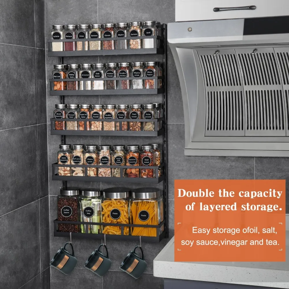 

Wall Mount Spice Rack Organizer 5 Tier Height-for Kitchen Pantry Cabinet, Dual-Use Seasoning Holder Rack with Hooks, Black