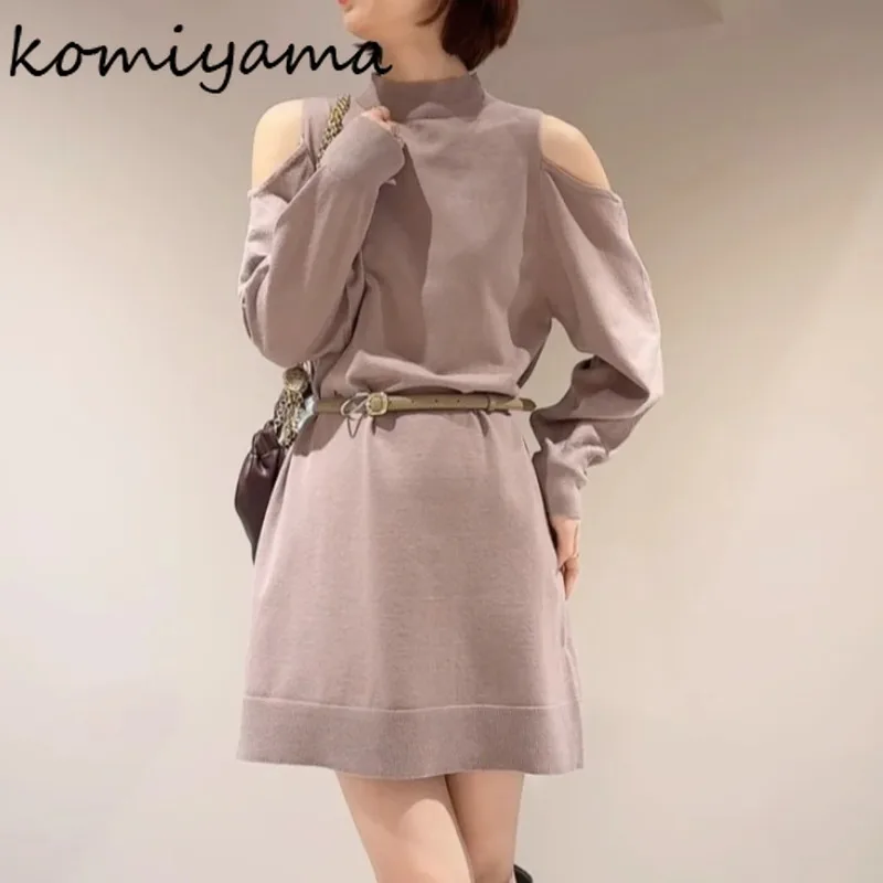 

Туника с поясом Vestidos Платье с открытыми плечами и длинными рукавами Платья с полувысоким воротником Вязаное платье на шнуровке Новое свободное платье в Японии Ropa Mujer