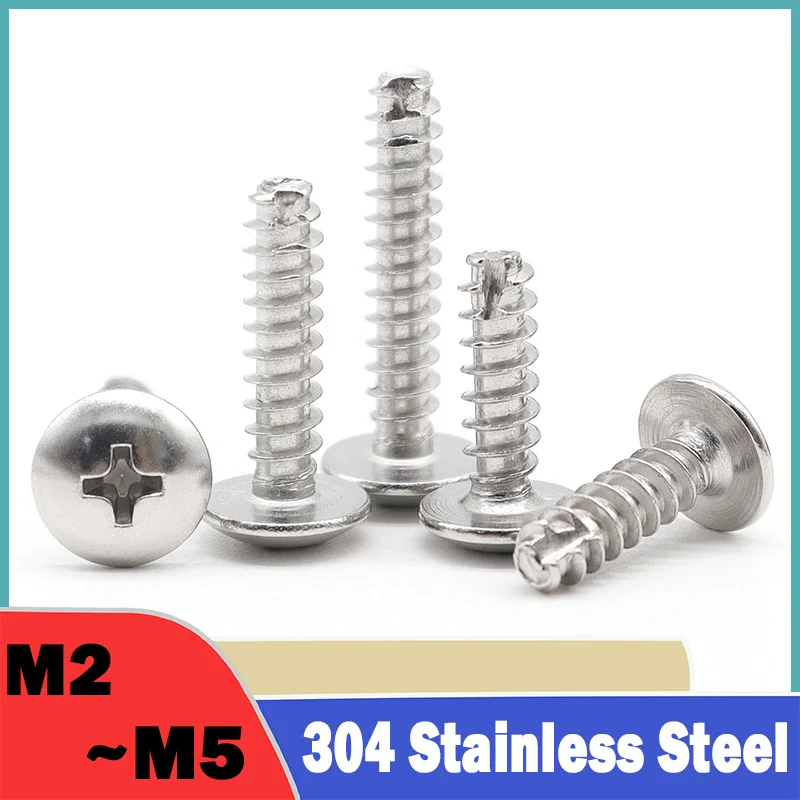 20~200Pcs M2 M2.3M2.6M3M3.5 M4 M5 304 Stainless Steel Phillips Recessed Truss Head Self-tapping Screw Round Head Mushroom Screws