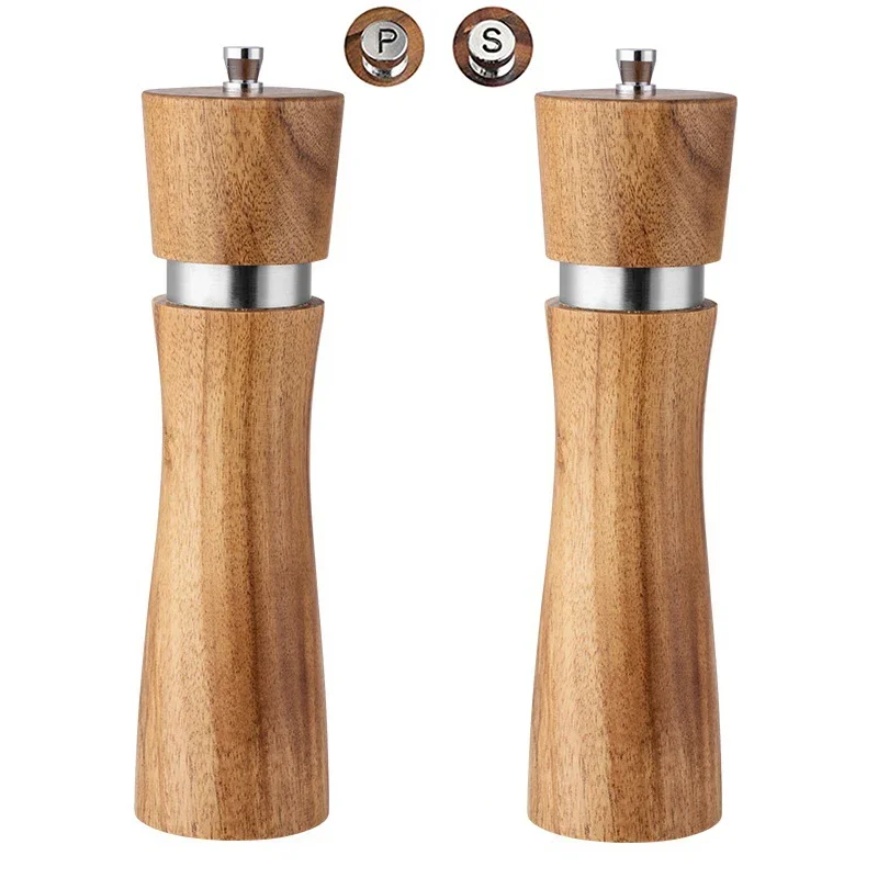 Wood Salt and Pepper Grinders Set, Manual Acacia Salt and Pepper Shaker Mill Kit with Adjustable Coarseness, 8 Inch