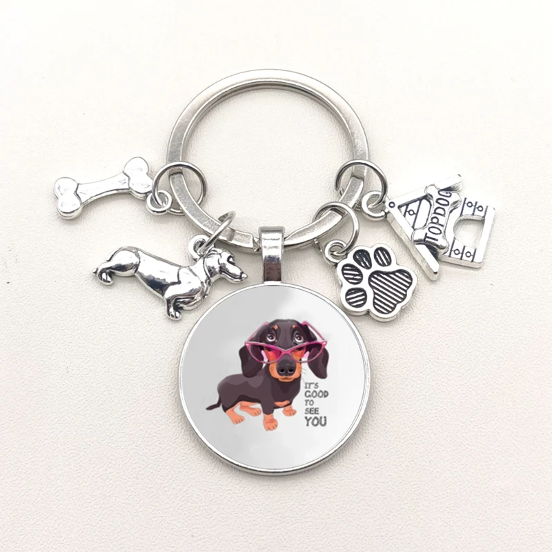 I Love Dachshunds Keychain Cute Animal Cartoon Dog Keychain Dog Glass Convex Keyring Gift for Woman Man Jewelry