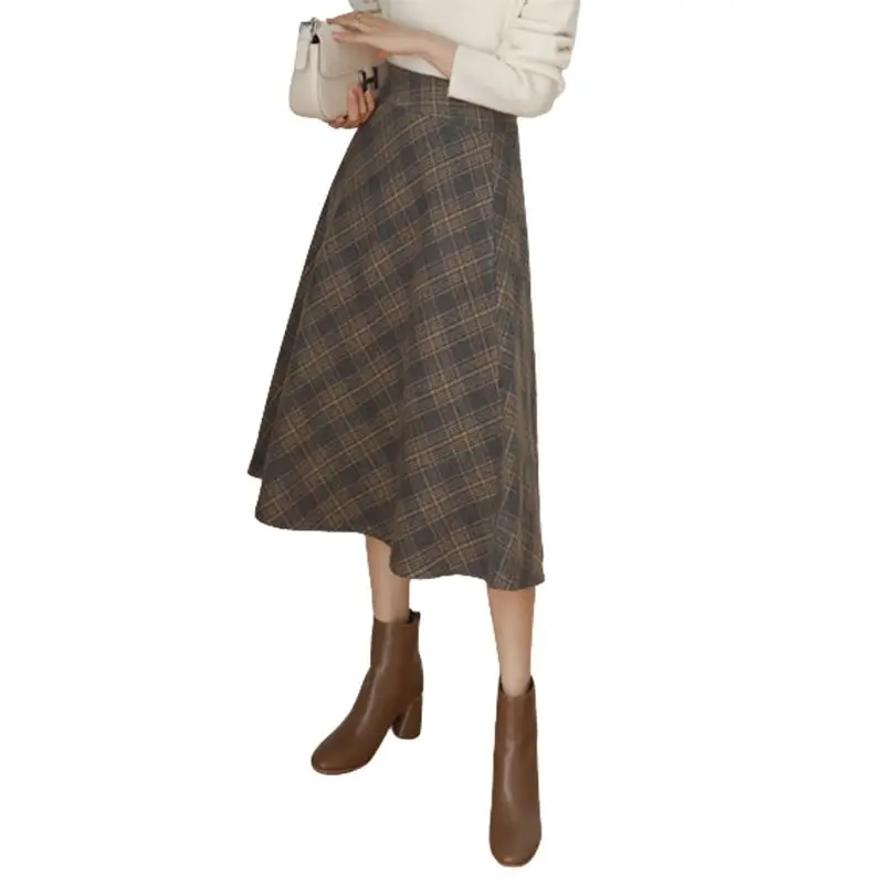 Woman Fashion Office Skirt Temperament Female Plaid Print A-Line   Long  Retro Woolen  Elegant  G848