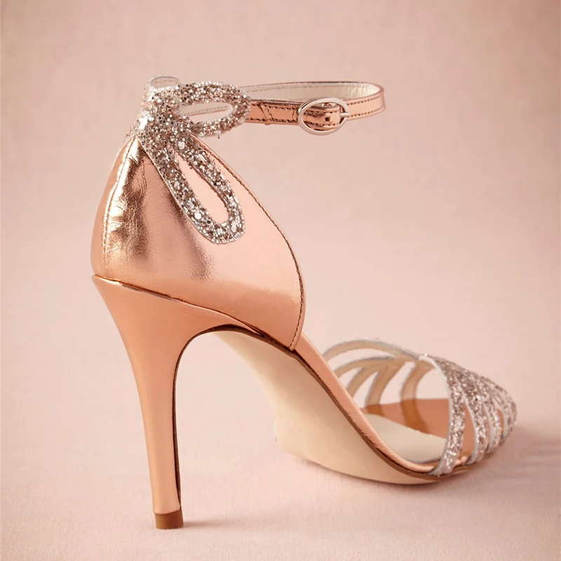 Sandalias de tacón alto con tiras de lentejuelas color oro champán, lazo y flor en la parte trasera, con recortes brillantes, zapatos de mujer