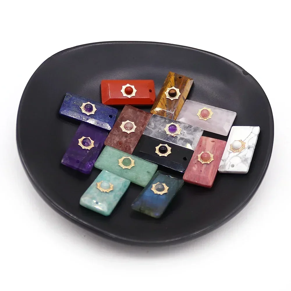 Stylish Single-Hole Pendant Polished Rectangular Natural Amazonite Inlaid Flower Appliqués for DIY Necklace Jewelry Supplies