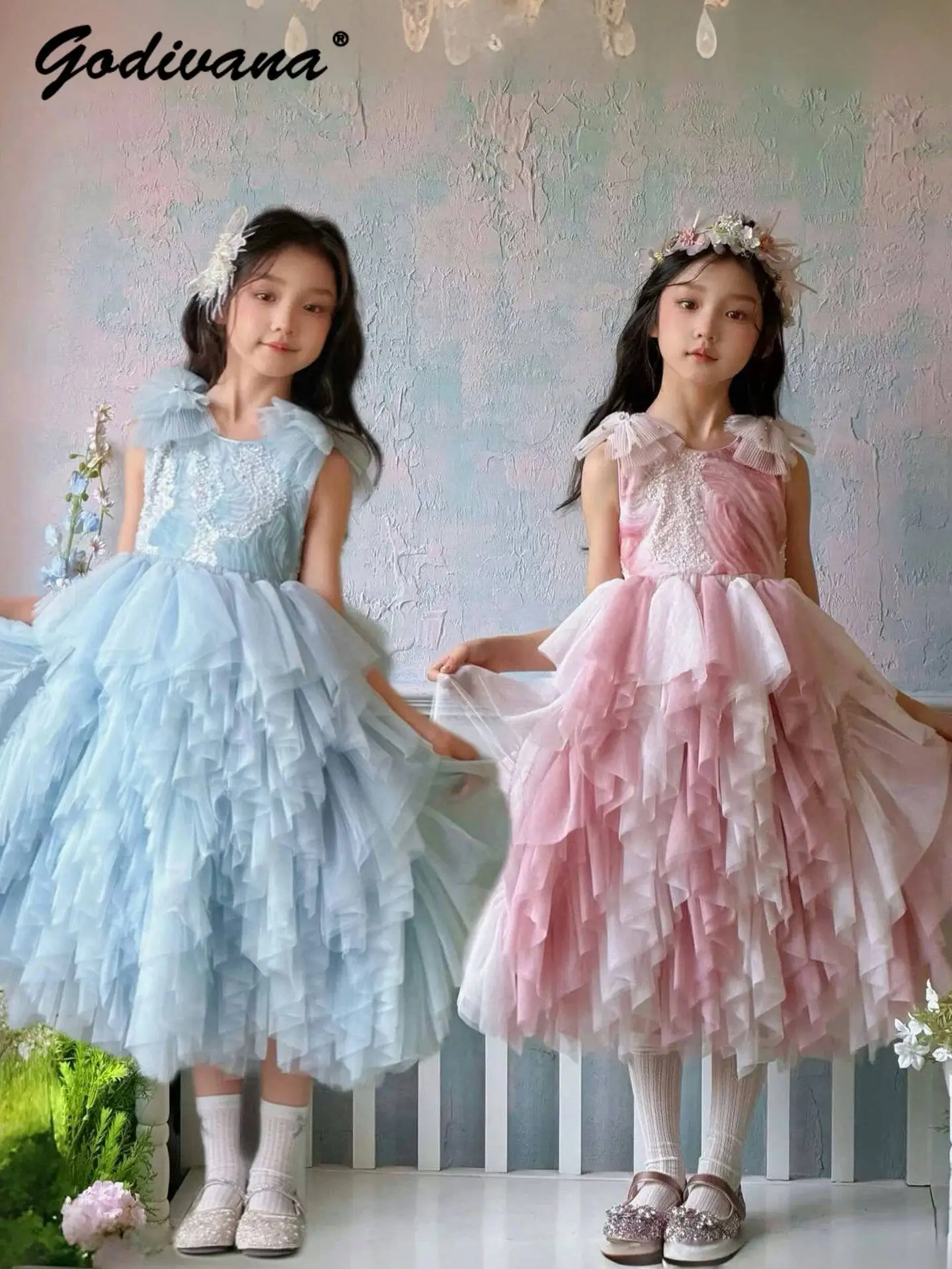 

Sweet Little Girls Princess Mesh Dress Girls Elegant Seduined Big Swing SleevelessTutu Dress Childrens Birthday Party Dresses