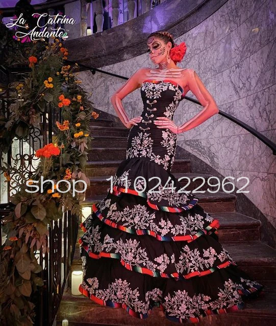 Robe de Rhsirene noire et blanche pour femme robe de soiree formelle brodee florale a lacets mexicaine AliExpress