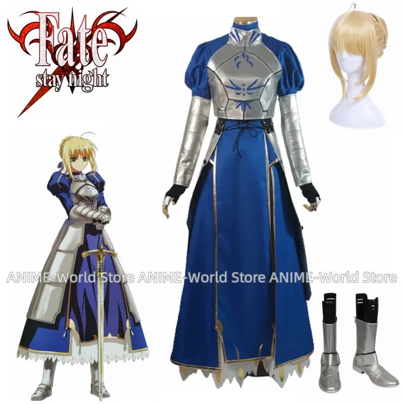

Game Fate Stay Night Saber Blue Long Dress Custom Made Any Size Unisex Cosplay Costumes Wig Shoes Uniform