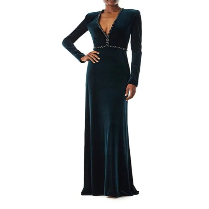 

MULONG Velour V Neck Women's Long Evening Dress Full Sleeve Straight Elegant Formal Guest Wedding Dress Woman Latest Fashion