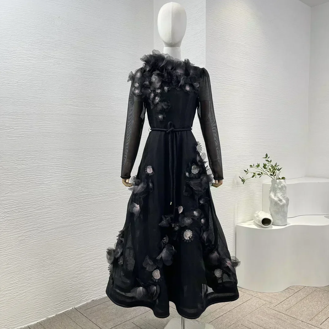 

Latest New 2024 Black Long Sleeve Three Dimensional Daisy Floral Patchwork Lace-up Women Midi Dress