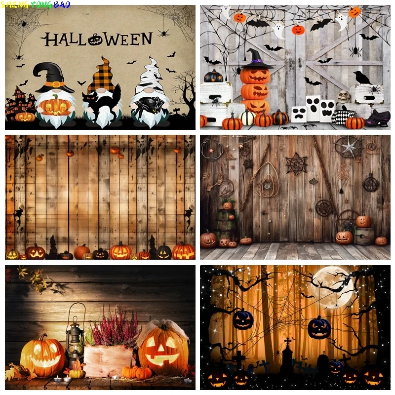

Halloween Photo Backdrop Full Moon Wooden Board Pumpkin Castle Spider Skeleton Forest Children Portrait Photography Backgroud