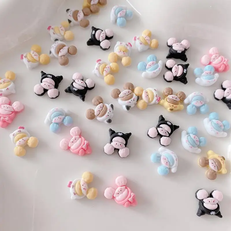 

50PCS Cartoon Simulated Popcorn Girl Nail Charms Resin Cute Doll Face Puppy Kitten Animal Headgear Nail Parts DIY Manicure