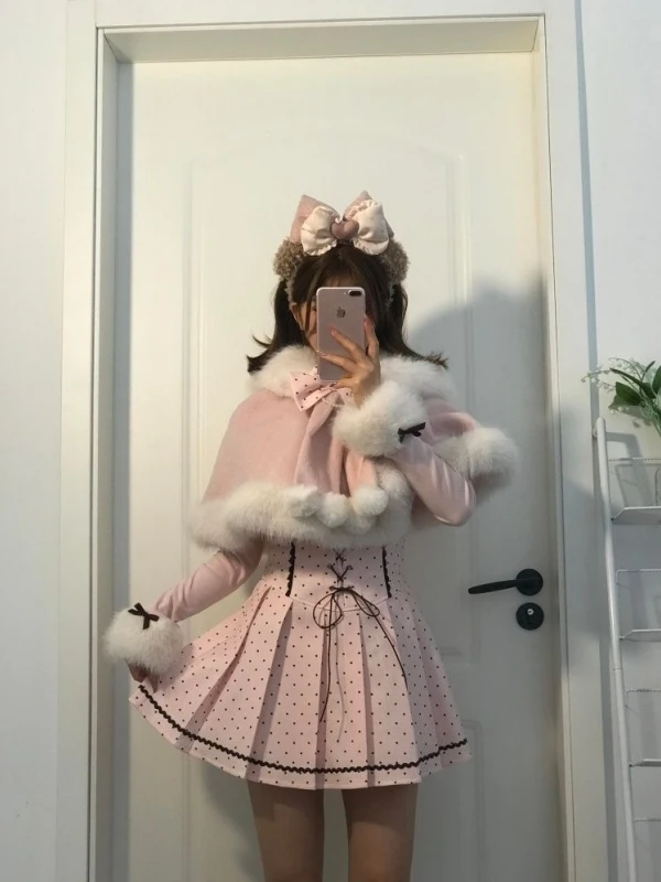 

Sweet Lolita Polka Dot Velvet Coat Knot Base irt Skirt Set Women's Faion Winter ort Sve Long Sve Zipper