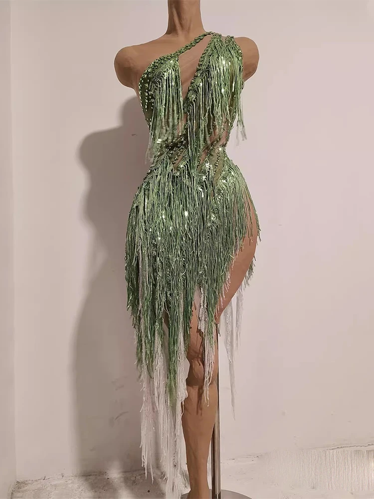 

High Quality Rhinestone Sequin Tassel Sexy Slanted Shoulder Irregular Dress 2026 New Fashionable Custom Women'S Clothing
