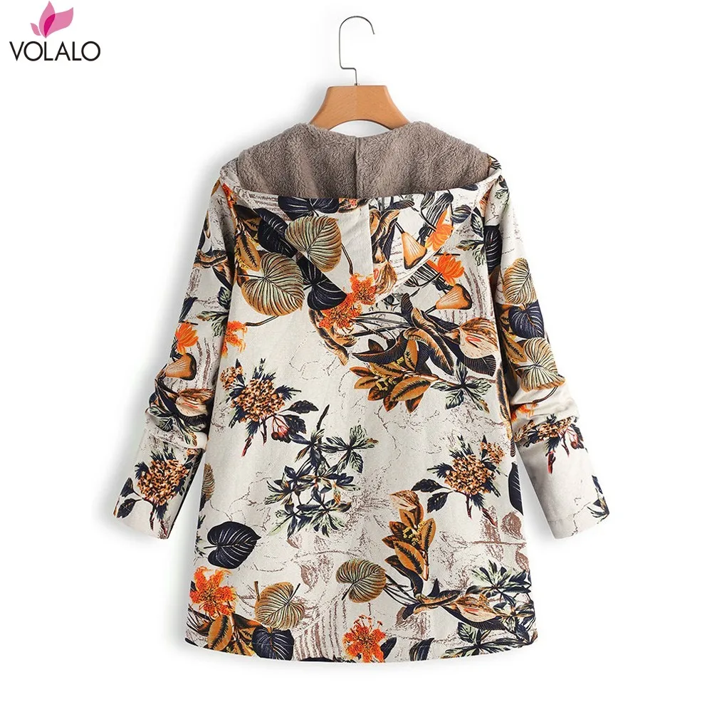 5XL Coat Winter Warm Fur Hooded Floral Print Jacket Women Vintage Long Sleeve Fluffy Coat Female Pocket Oversized