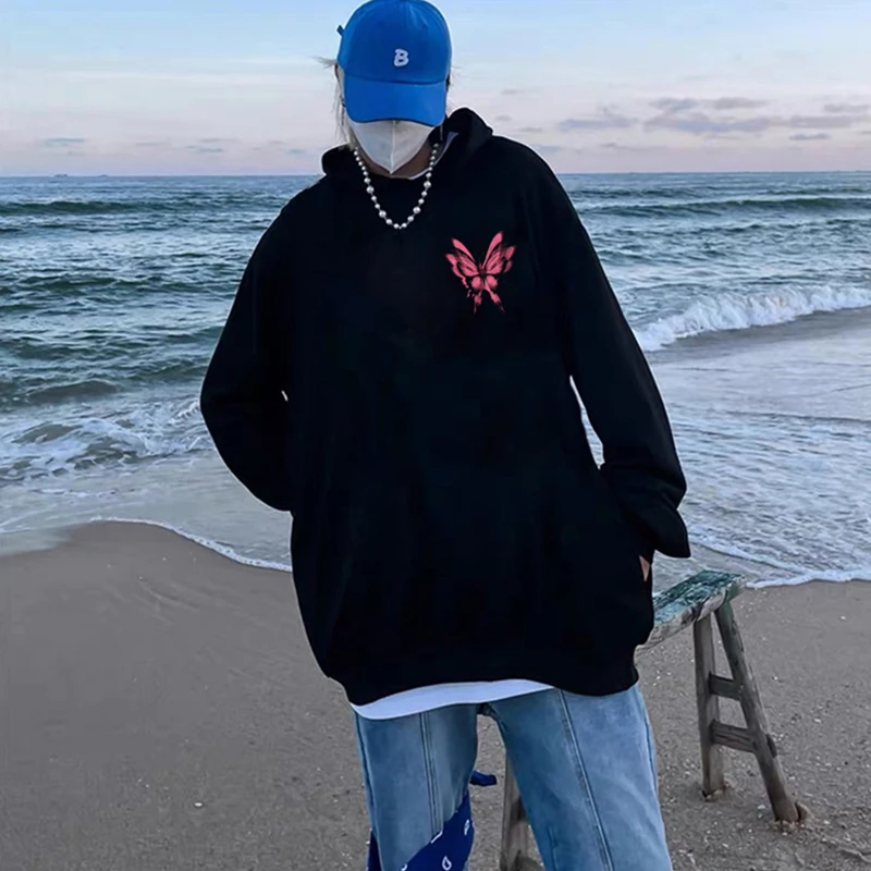 Felpe con cappuccio a maniche lunghe con grafica a farfalla autunno gotico uomo Harajuku moda pullover stampato felpa con cappuccio nuove felpe streetwear Y2K