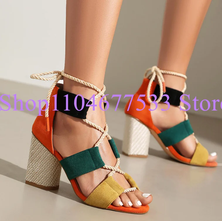 

New Candy Color Chunky Heel Lady Sandals Fashion Mixed Color Lace-up Woman Pumps Female New Party Dress High Heels Shoes