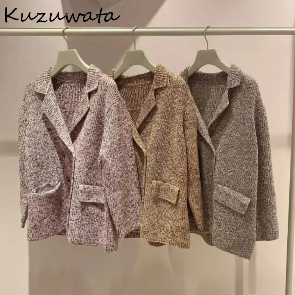 Kuzuwata Moda Turn-down Collar Sweet Loose Cardigan Lazy Knit Double Breasted All-match Jumper Japan Vintage Harajuku Sweaters